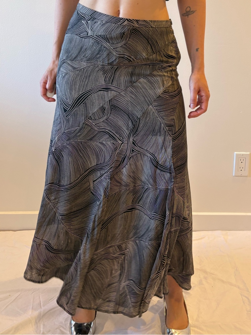 Vintage silk maxi black and white abstract skirt